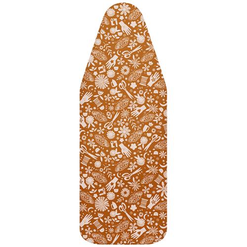 caramel colored wide ironing board cover with sewing themed items