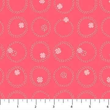 a pink fabric with circles and flowers on Lucky Charms Basics - Four Leaf Clover - Watermelon by Figo.