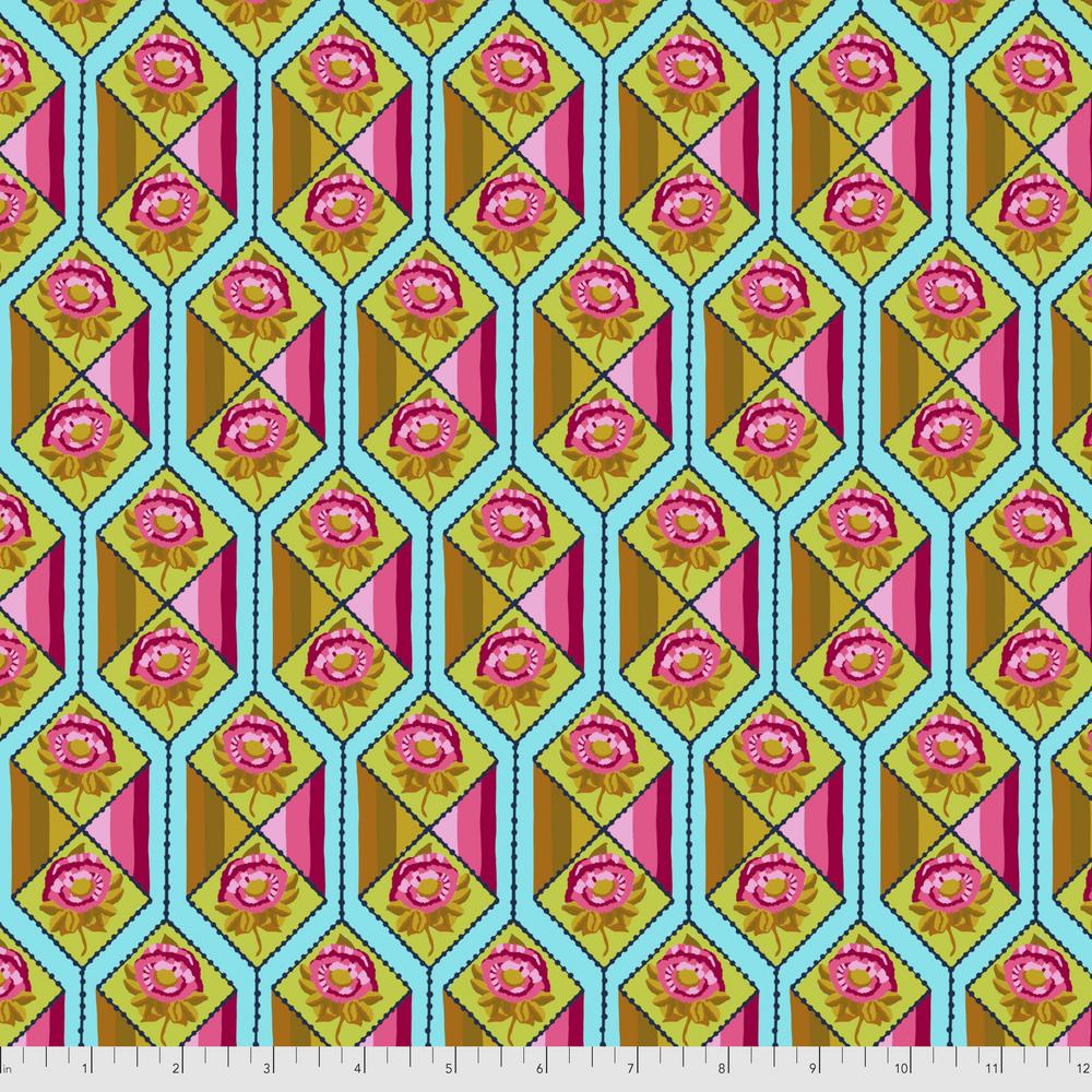 A geometric pattern with pink roses on a blue background, Bright Eyes - Facets - Aqua by Free Spirit.
