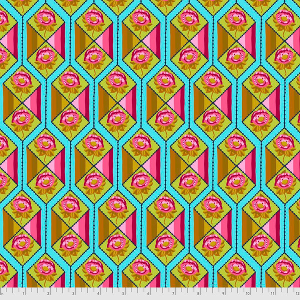 A geometric pattern with pink roses on a blue background, Bright Eyes - Facets - Aqua by Free Spirit.