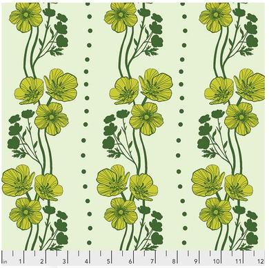 a green and yellow floral pattern on a Triple Take - New Buttercups - Lime ruler from Free Spirit.